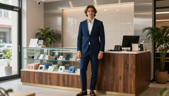 Entrepreneur at storefront counter