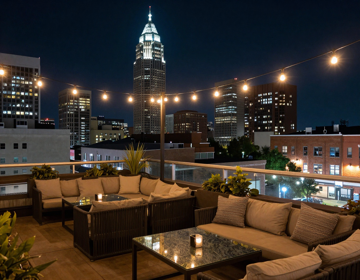 Rooftop nightlife scene with string lights