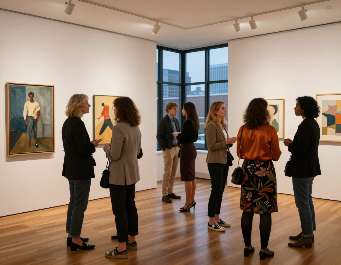 Gallery opening with visitors viewing art