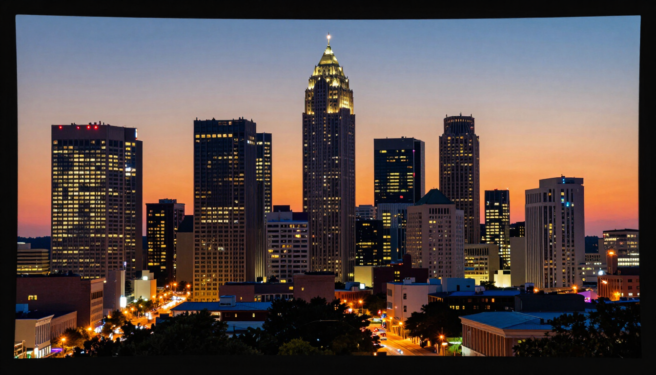 RealAtlantaTV Live broadcast backdrop over the Atlanta skyline at dusk