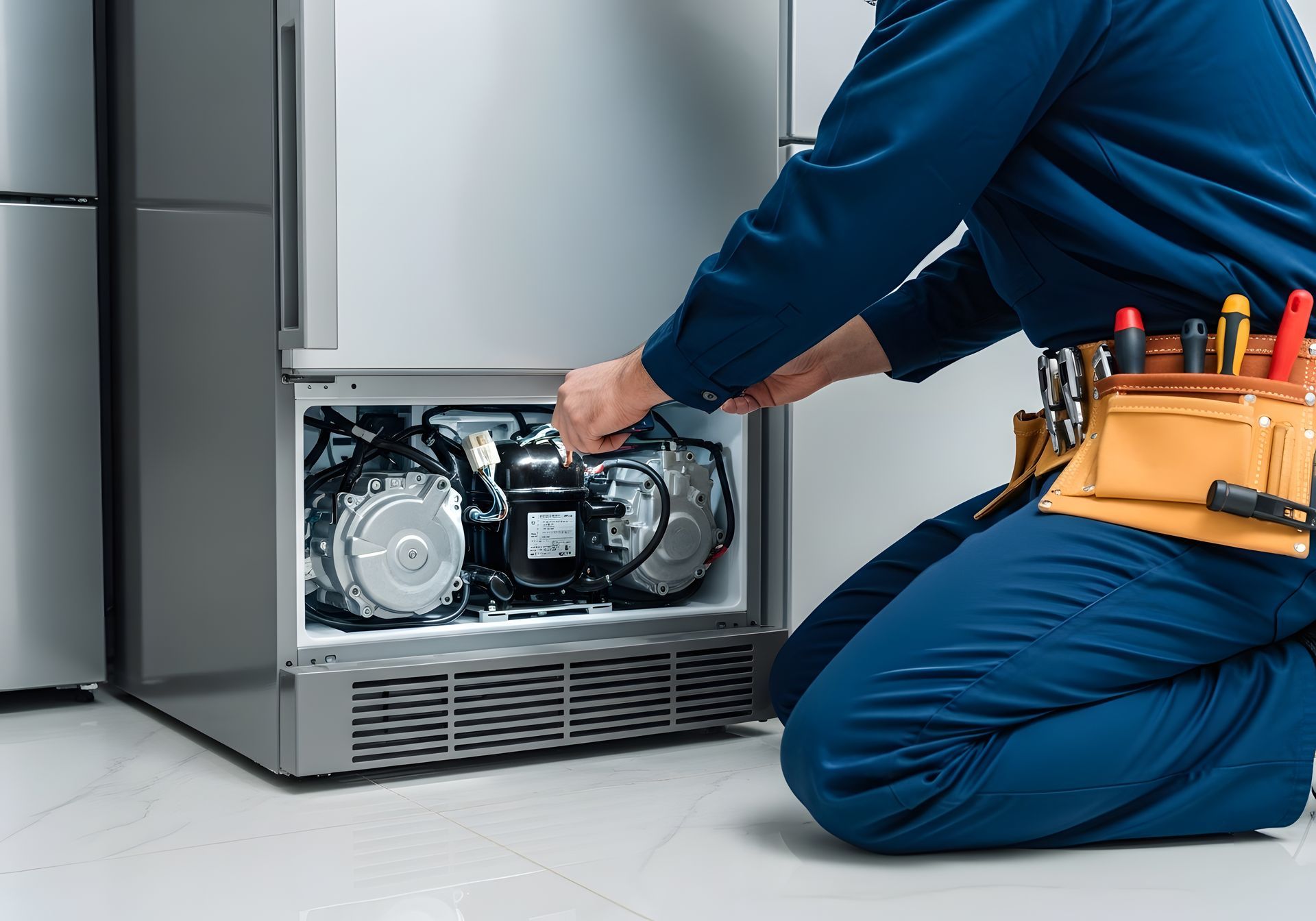 Person repairs refrigerator compressor with a screwdriver.