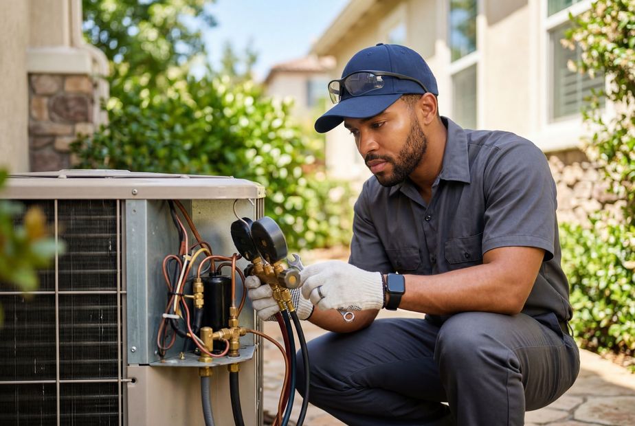 Technician servicing an outdoor HVAC unit with tools, wearing gloves and a cap. Technician servicing an outdoor HVAC unit with tools, wearing gloves and a cap.