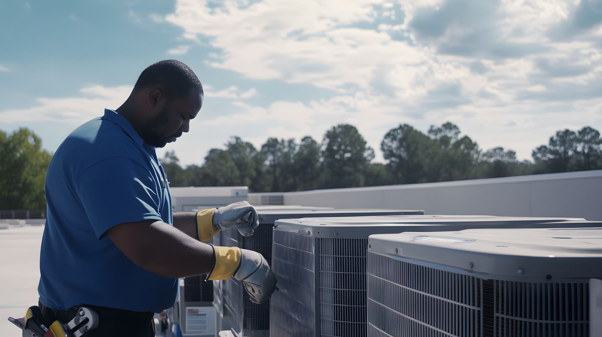Technician in blue shirt and gloves inspecting rooftop HVAC units outdoors Technician in blue shirt and gloves inspecting rooftop HVAC units outdoors