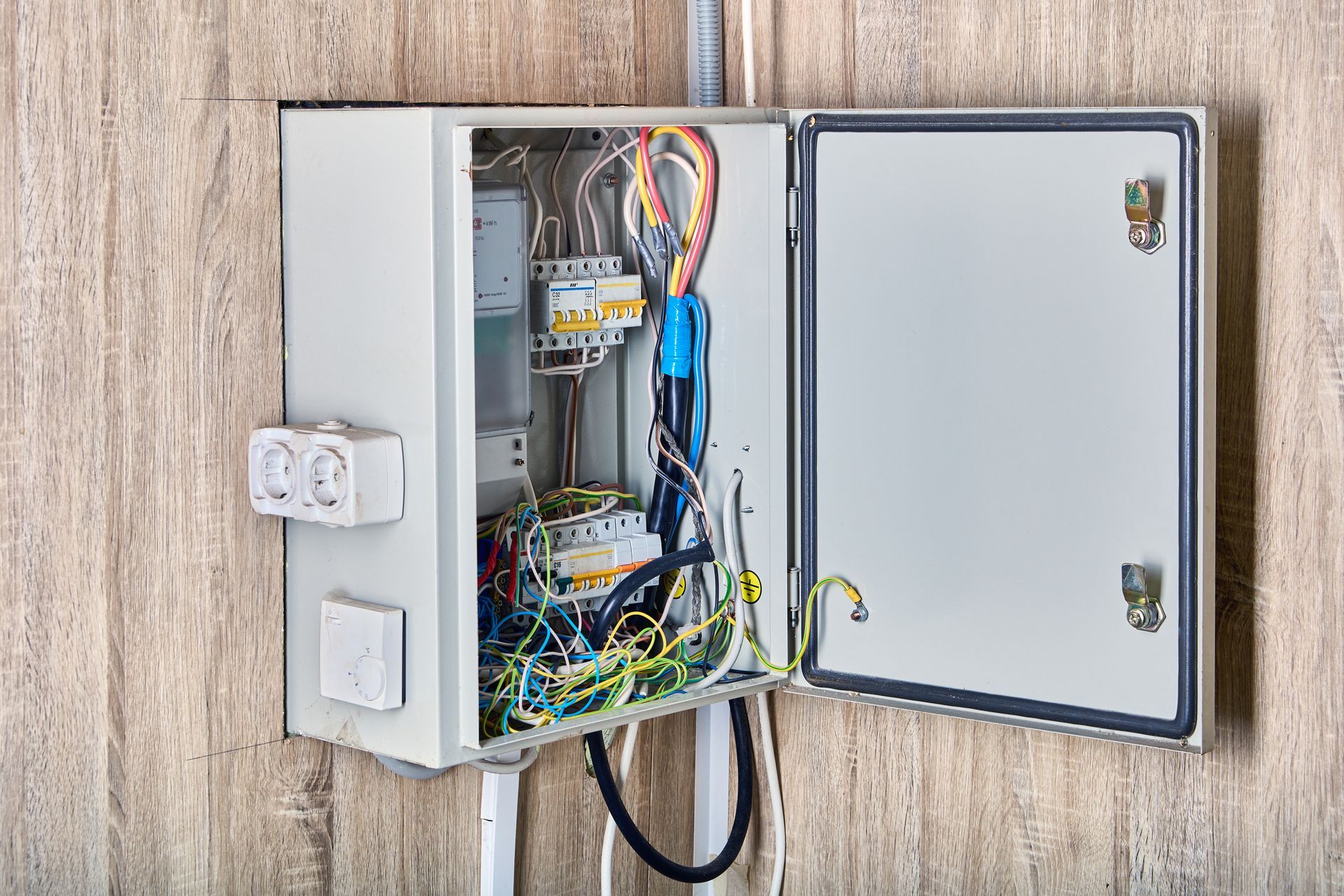 Open electrical panel with exposed wires and components mounted on a wooden wall.