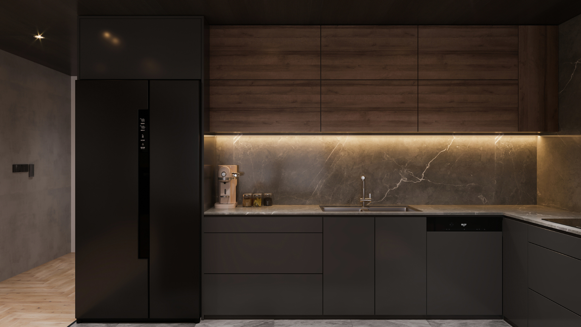 Modern minimalist kitchen with dark cabinets, wood upper panels, black fridge, and warm under-cabinet lighting