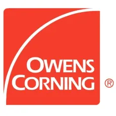 Owens Corning logo on a red square background with white text and curved white line