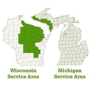 Map showing green-highlighted service areas in central Wisconsin and the Upper Peninsula of Michigan.