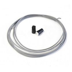 A coiled length of gray electrical wire accompanied by two small black wire nuts on a white background.