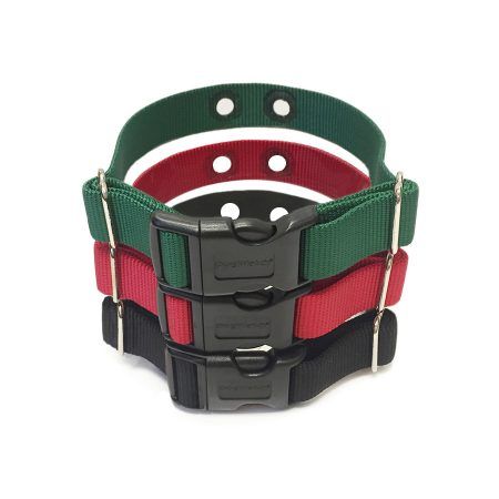 Three stacked adjustable nylon collars in green, red, and black, each featuring a black plastic quick-release buckle.