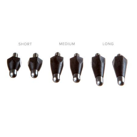 A row of black objects with the words short medium and long on them