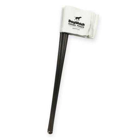 A thin black stake with a white DogWatch Hidden Fences flag attached to the top.
