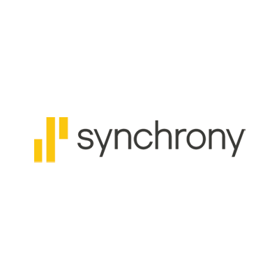 Synchrony logo with yellow bars and gray text on a white background
