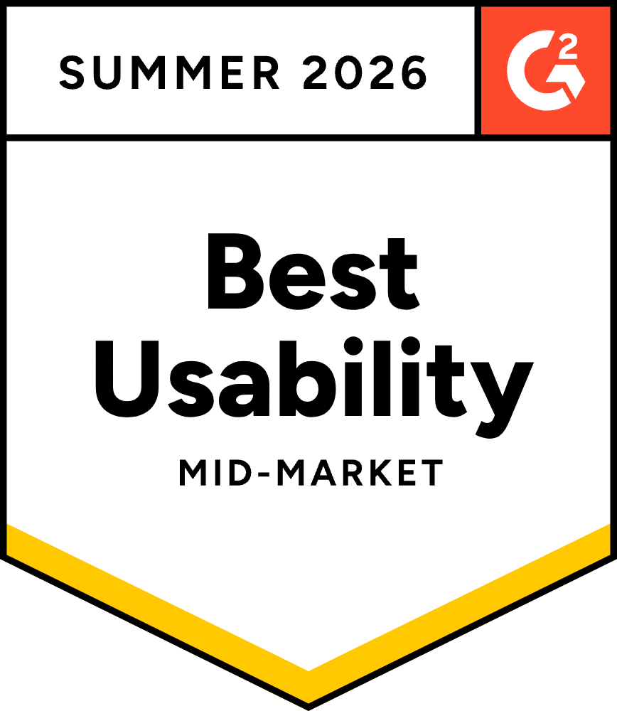 Summer 2026 C2 badge for Best Usability, Mid-Market, with white, black, orange, and yellow accents