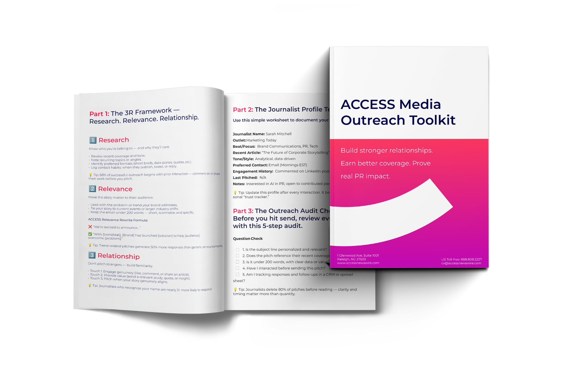 ACCESS Media Outreach Toolkit, open book with a pink and white cover, lists strategies and resources for media outreach.