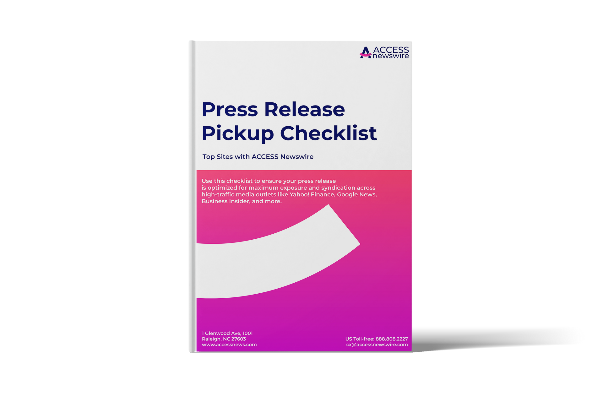 Purple and white booklet cover titled “Press Release Pickup Checklist” with a curved white graphic and logo at top right