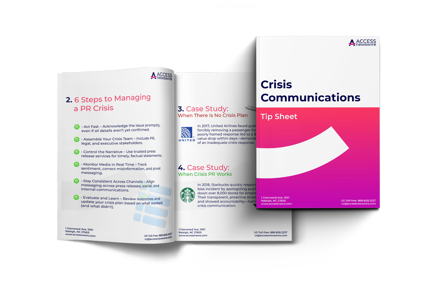 Three crisis communications report covers, white and pink with stacked layout and drop shadows
