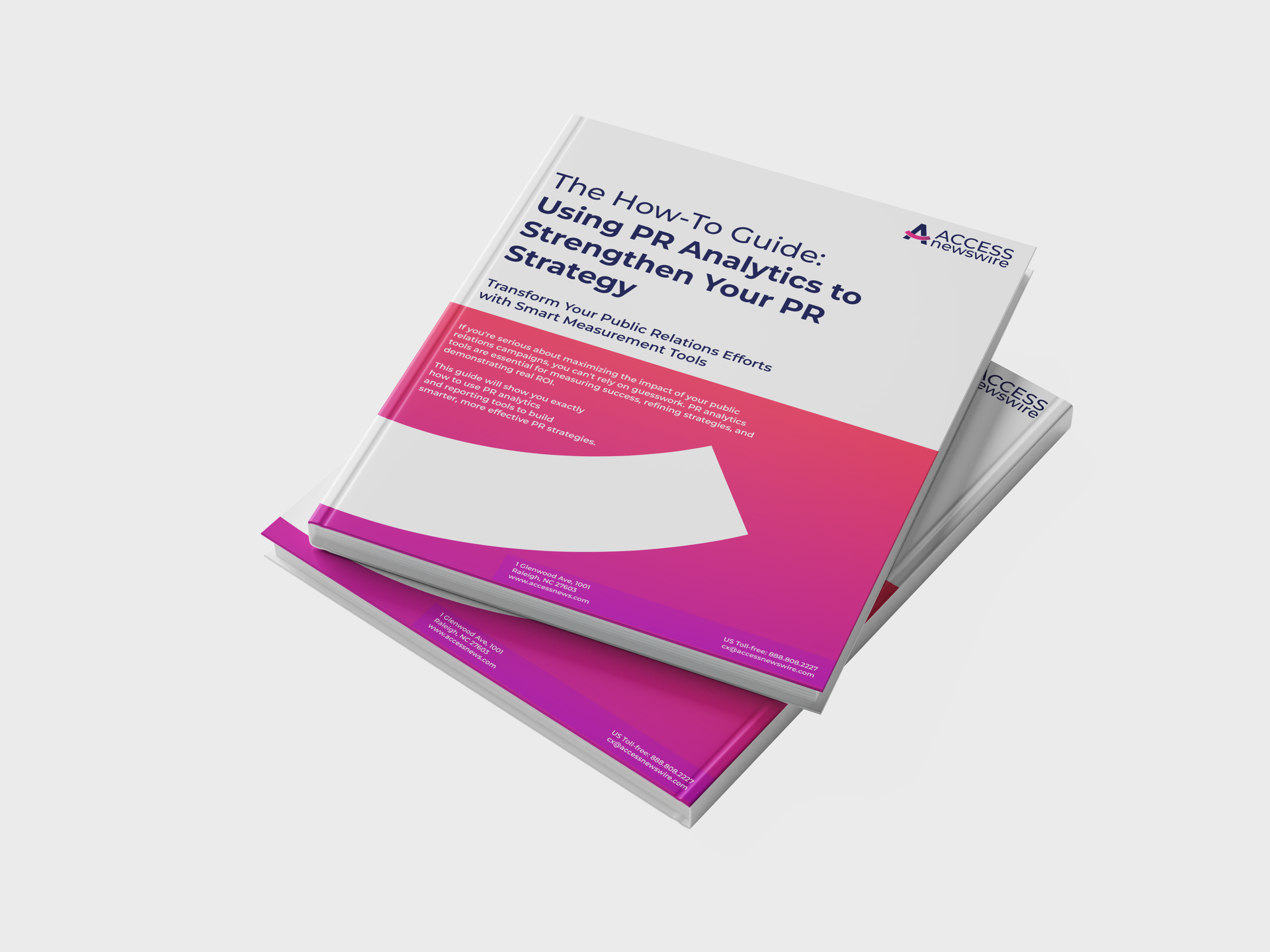 Stack of pink and white marketing brochures on a white background