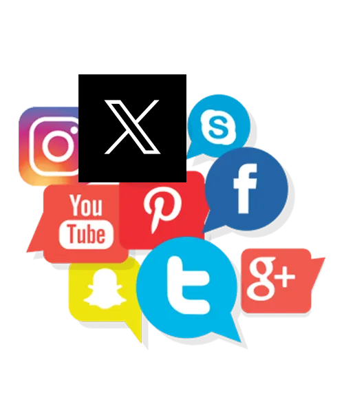 Cluster of colorful social media logos, including Instagram, Twitter, Skype, YouTube, Pinterest, Facebook, Snapchat, Tumblr, and Google+
