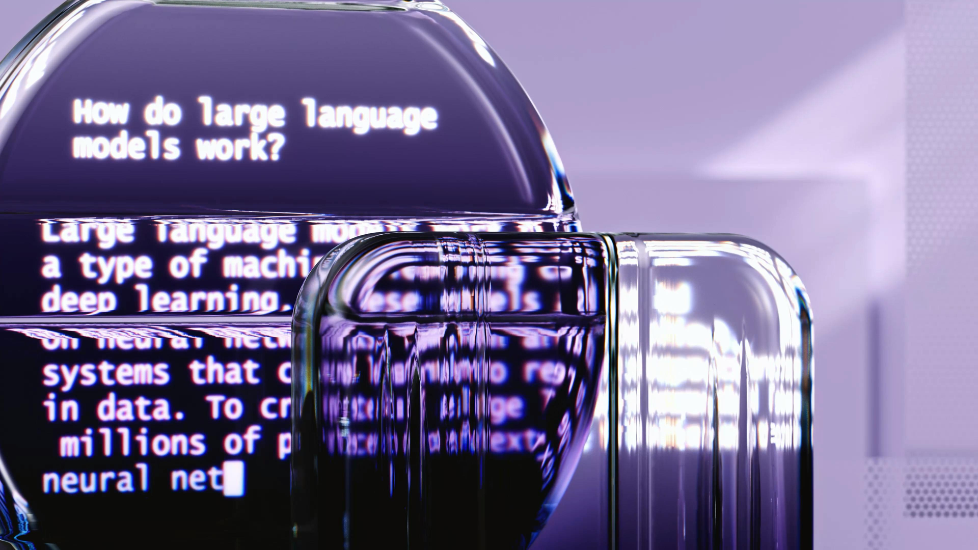 A purple-tinted graphic showing a digital display of text about large language models behind a translucent, ribbed form.