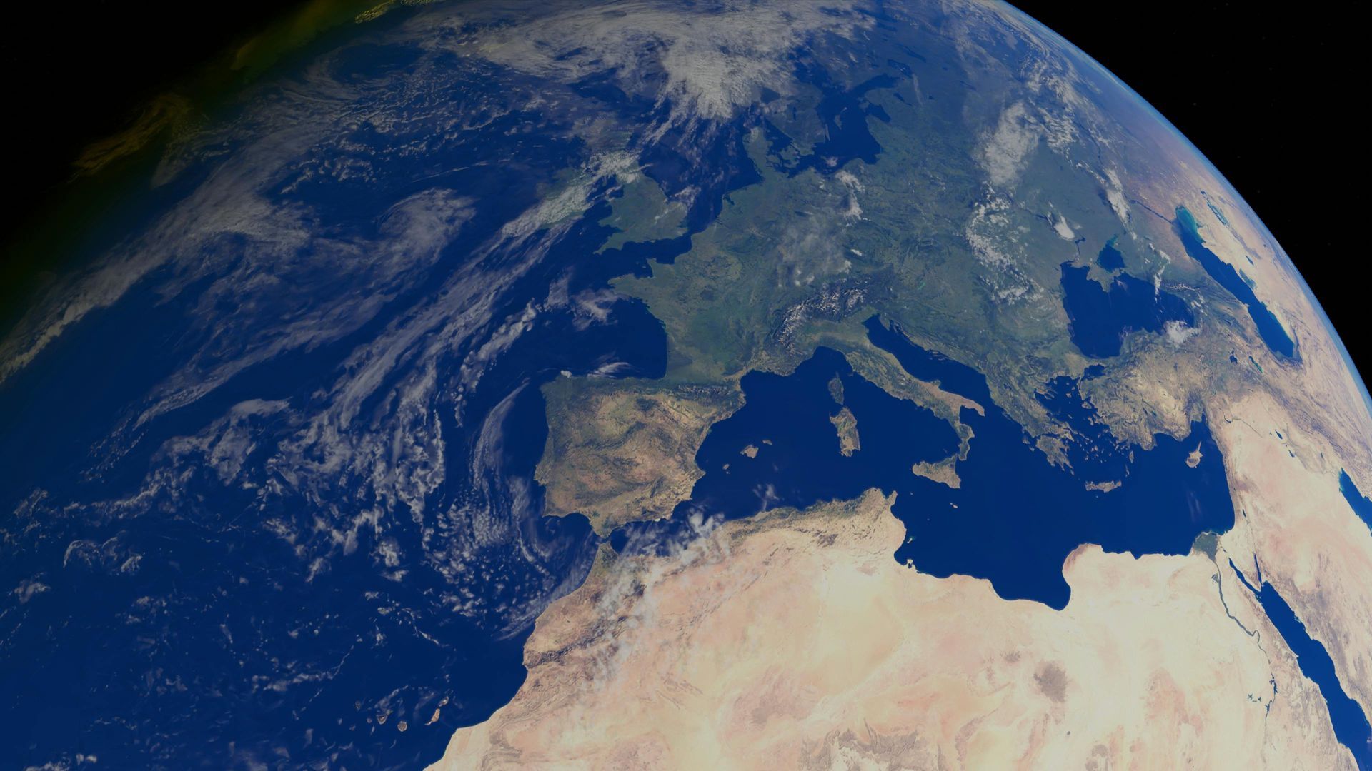 Earth viewed from space with Europe, North Africa, and the Mediterranean in view
