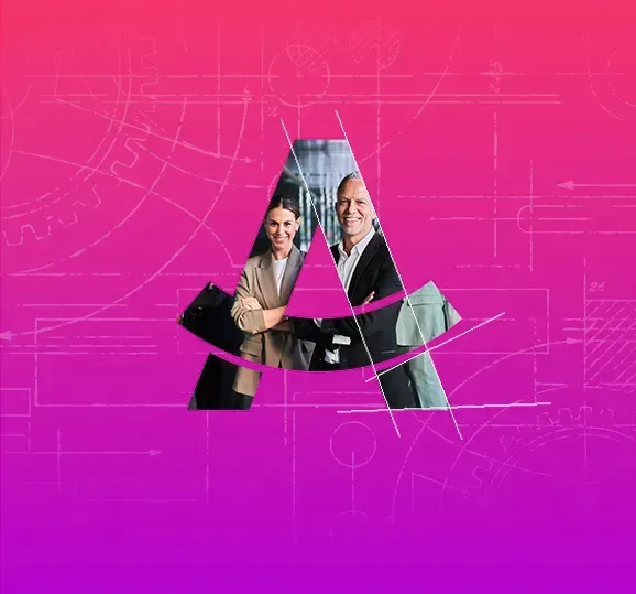 Two businesspeople inside a stylized letter A on a bright pink background