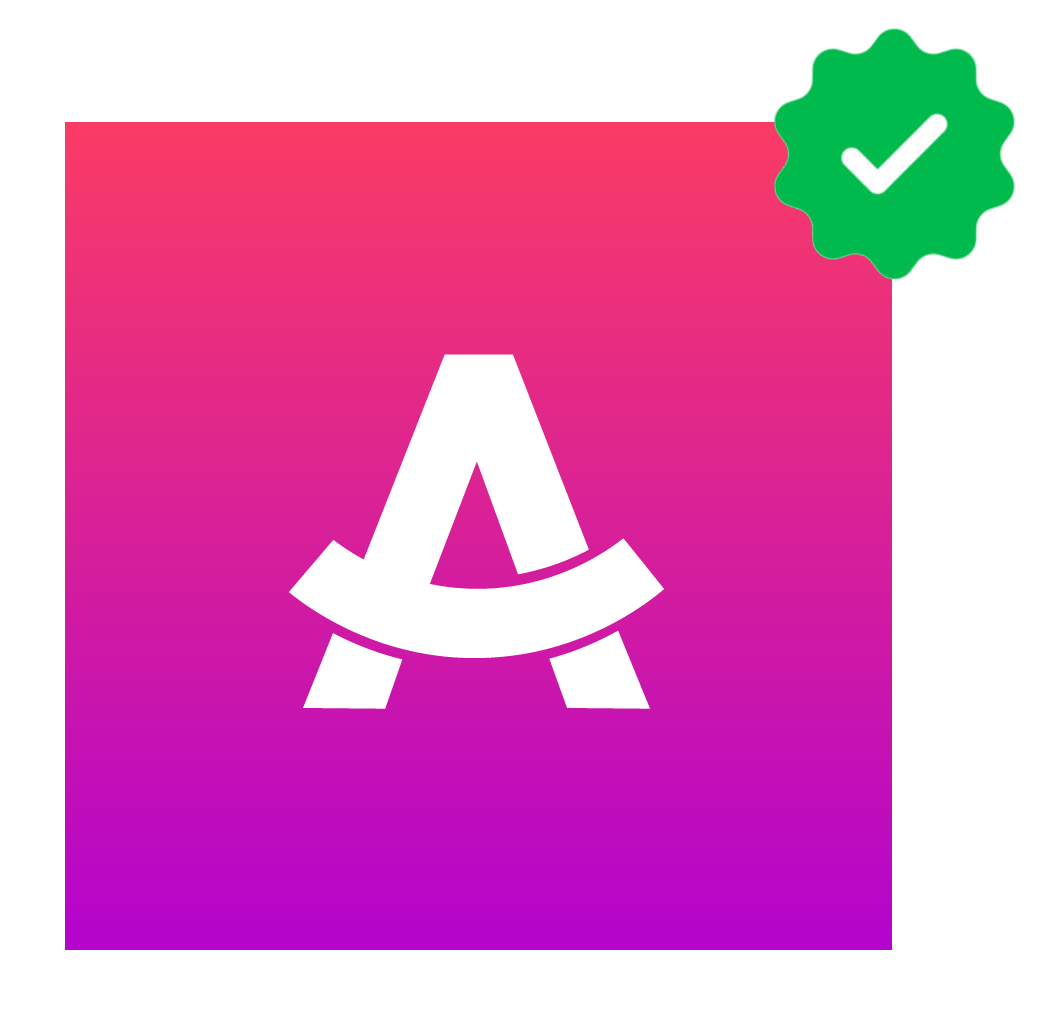 Pink-to-purple app logo with a white stylized “A” and green checkmark badge in the corner