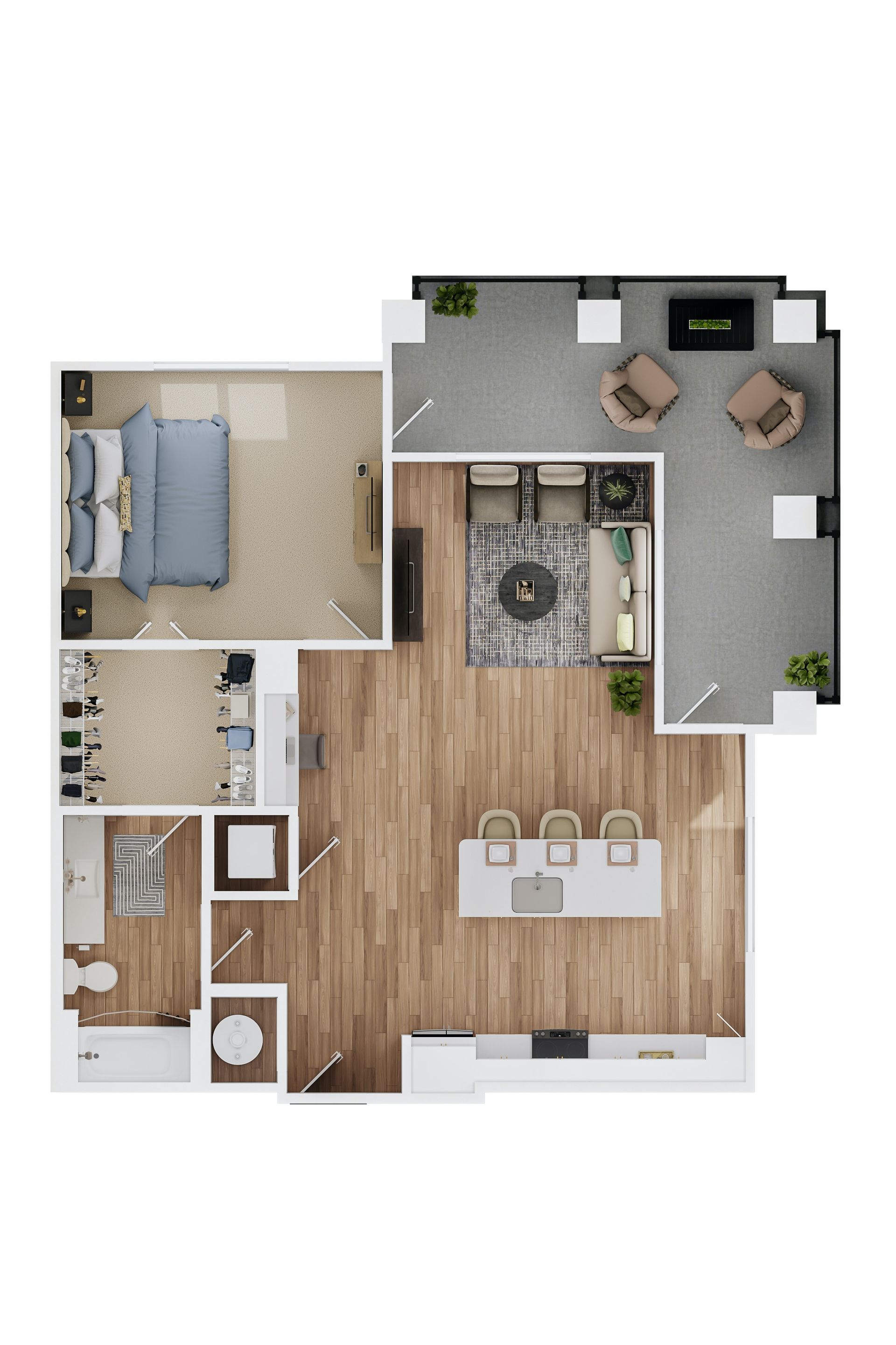 A floor plan of a house with a bedroom , living room , and kitchen.