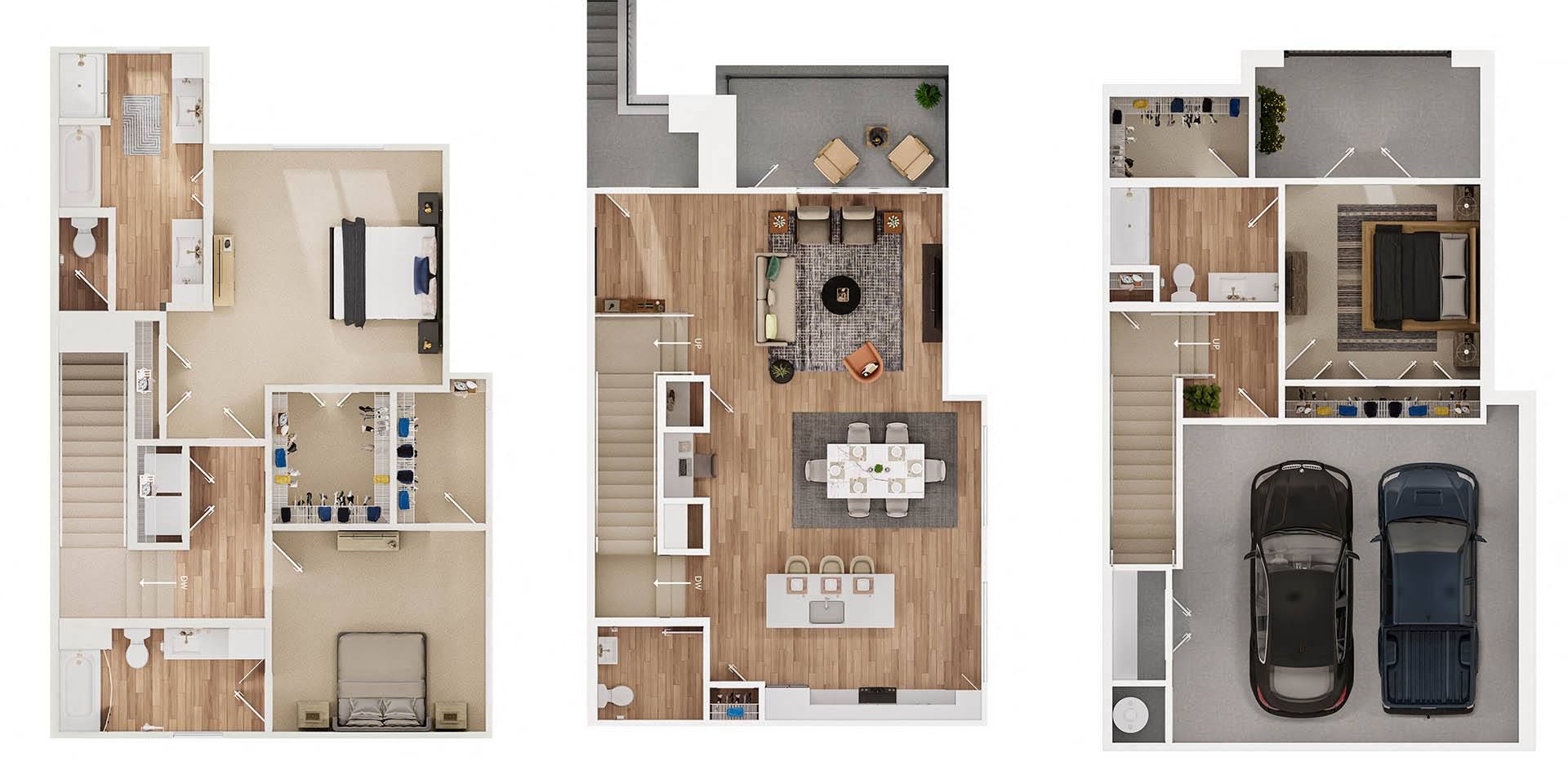 Three floor plans of a house with a car in the garage.