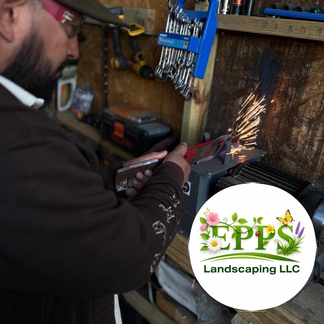 Worker using a grinder, sending sparks in a workshop, with EPP Landscaping LLC logo overlay.