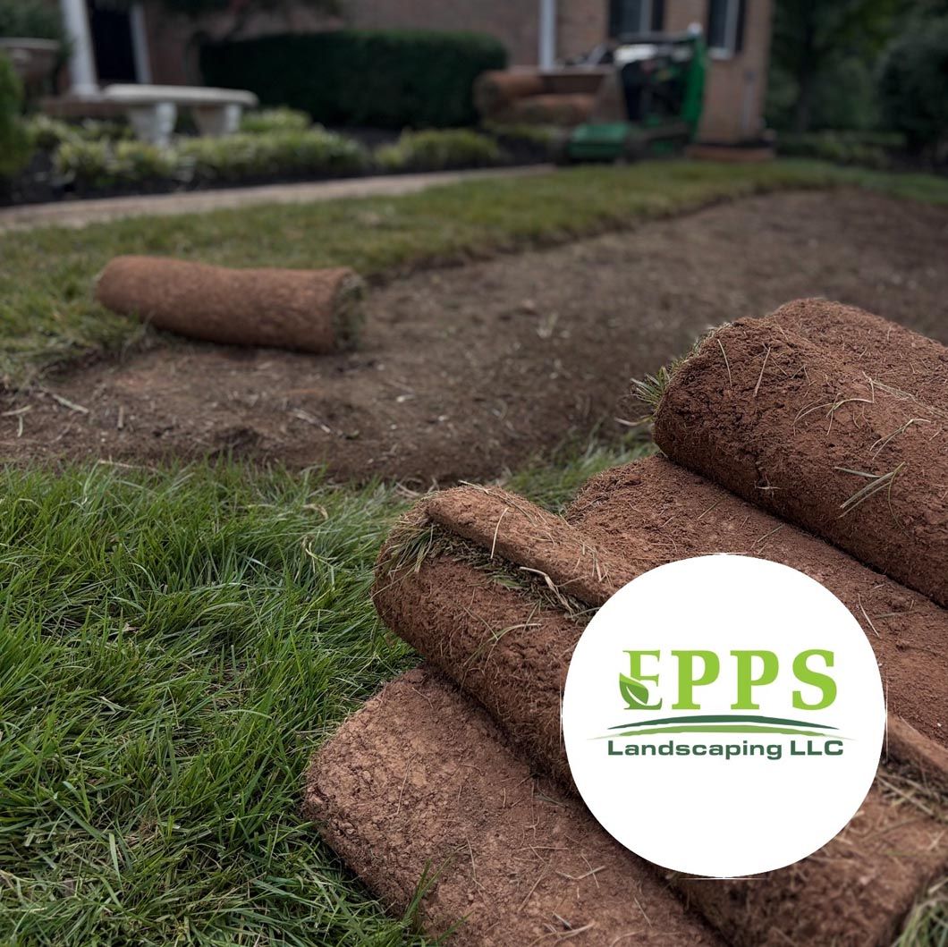 Rolled sod on a dirt yard with EPPS Landscaping LLC logo in the foreground