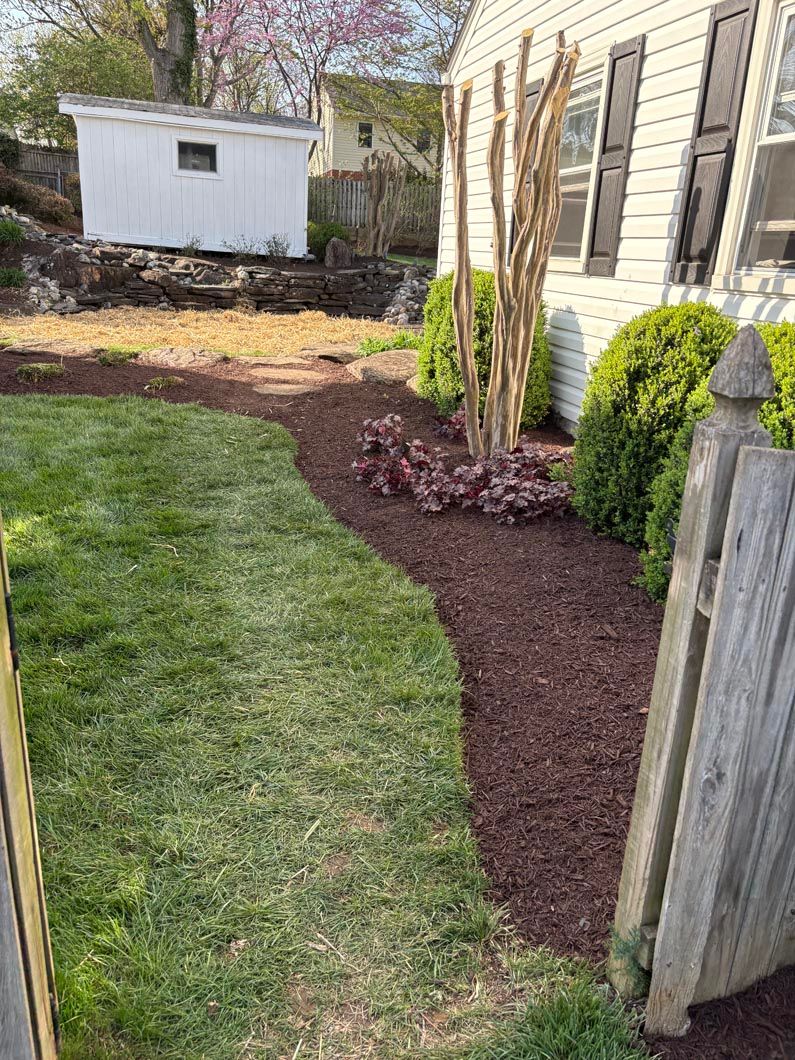 Backyard garden bed with mulch and shrubs beside a house, leading to a small white shed.