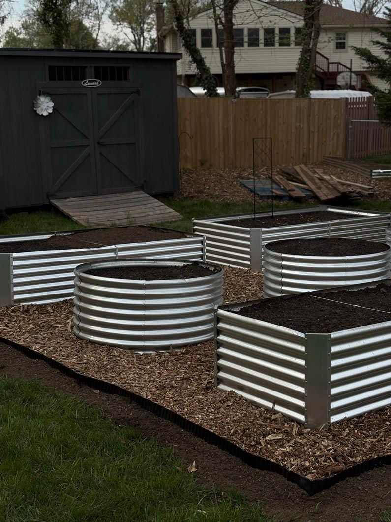 Raised metal garden beds in a backyard beside a dark shed and wooden fence.