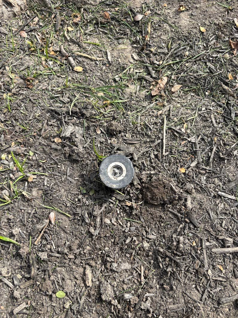 Small silver metal object embedded in muddy ground with scattered grass and leaves.