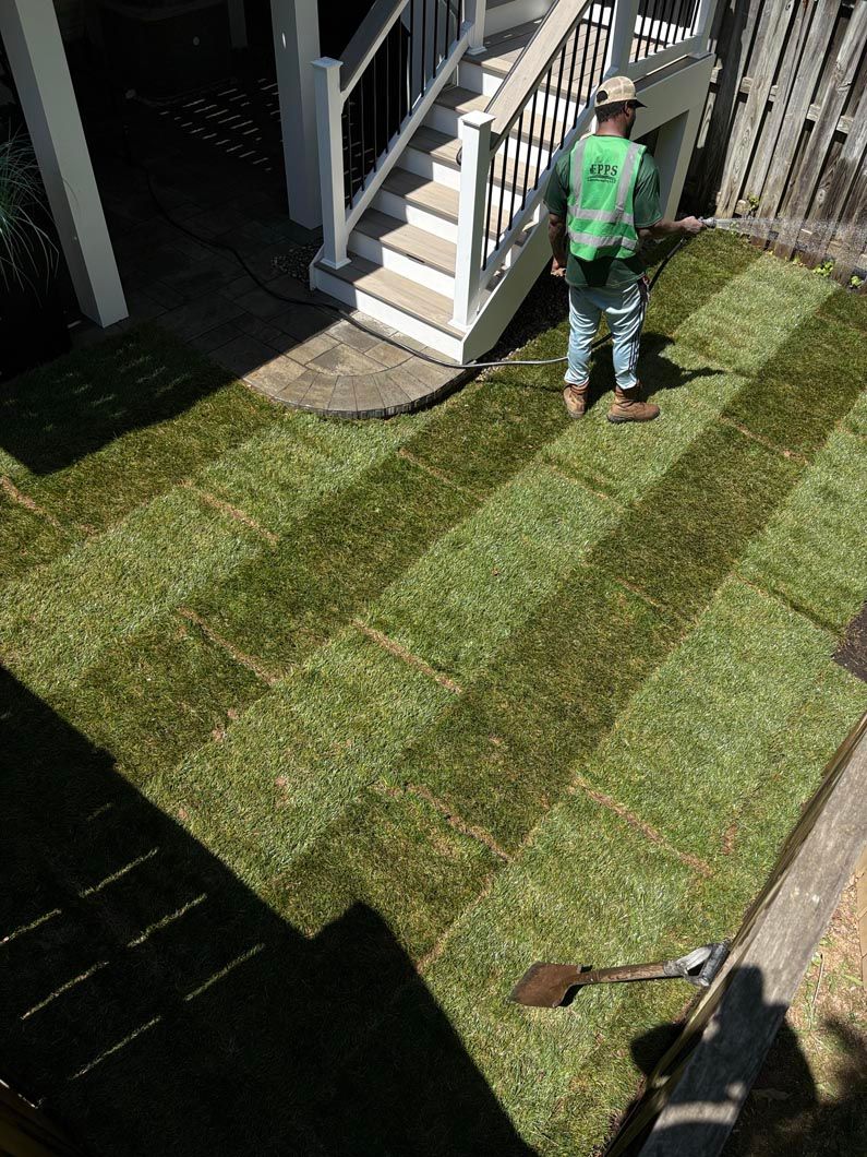 Person standing on striped sod in a yard near white stairs and a deck
