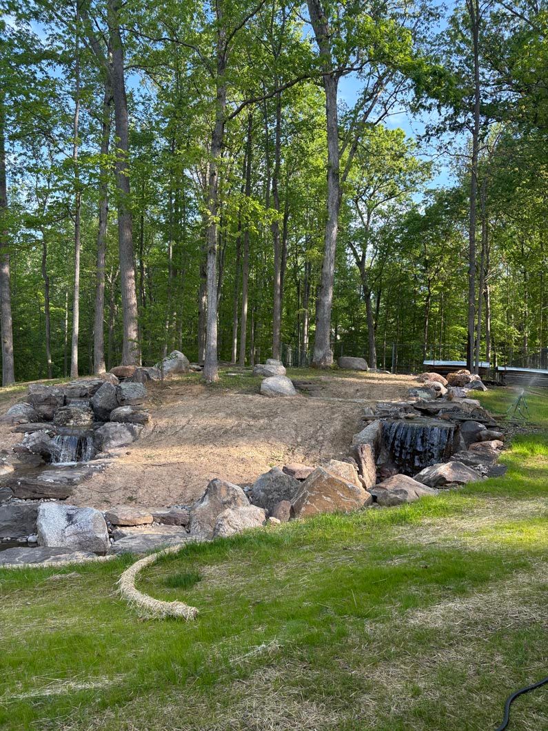 Stone-edged fire pit in a wooded yard with green grass and tall trees