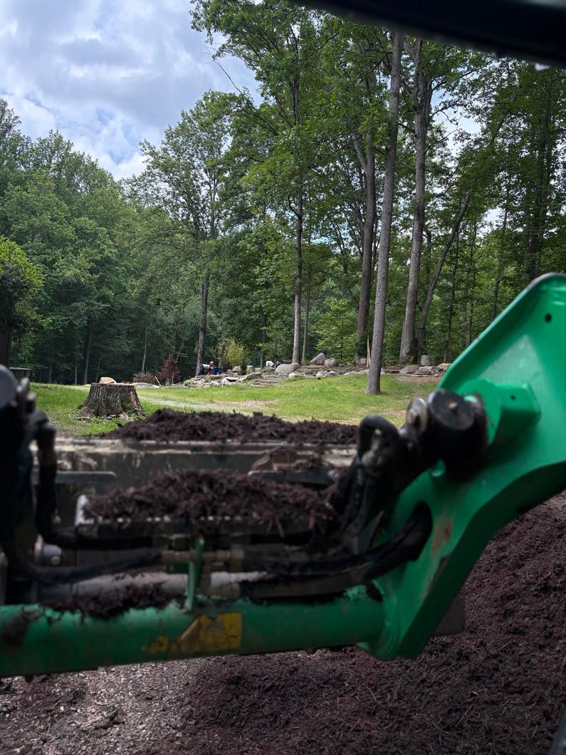 Excavator arm carrying dirt over a muddy clearing with trees in the background