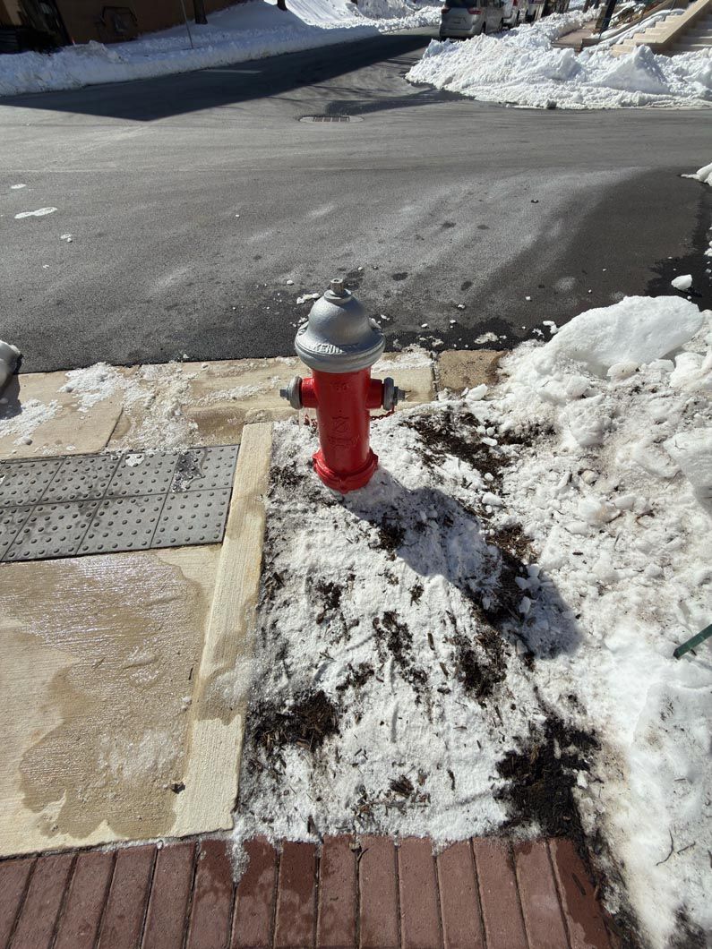 Red fire hydrant beside a snowy curb and wet street on a sunny winter day