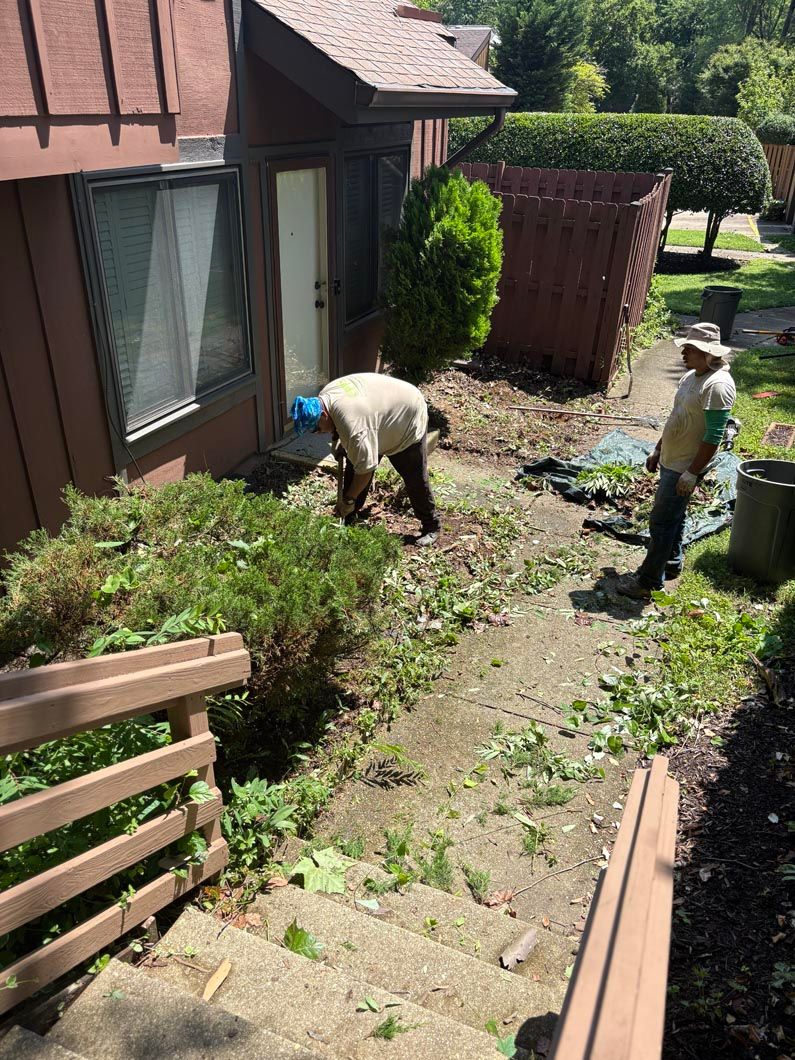 Two people working in a narrow backyard beside a house, clearing a garden bed and steps.
