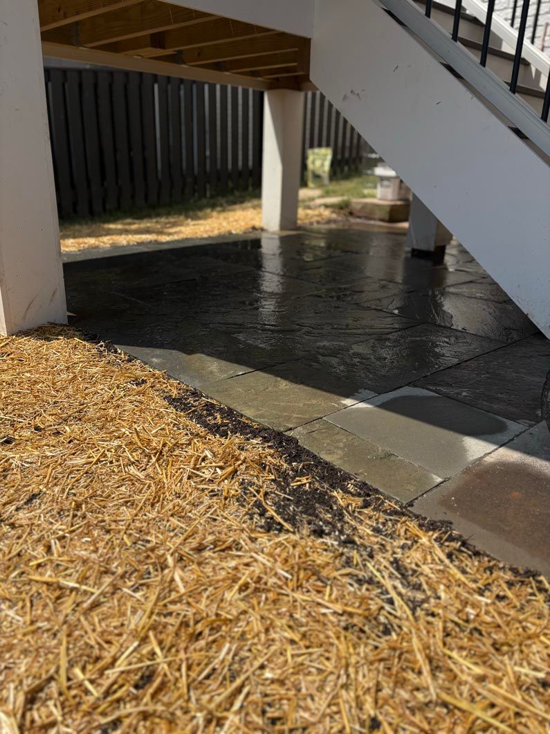 Under stairs view of a shaded walkway with wet concrete and straw-covered ground