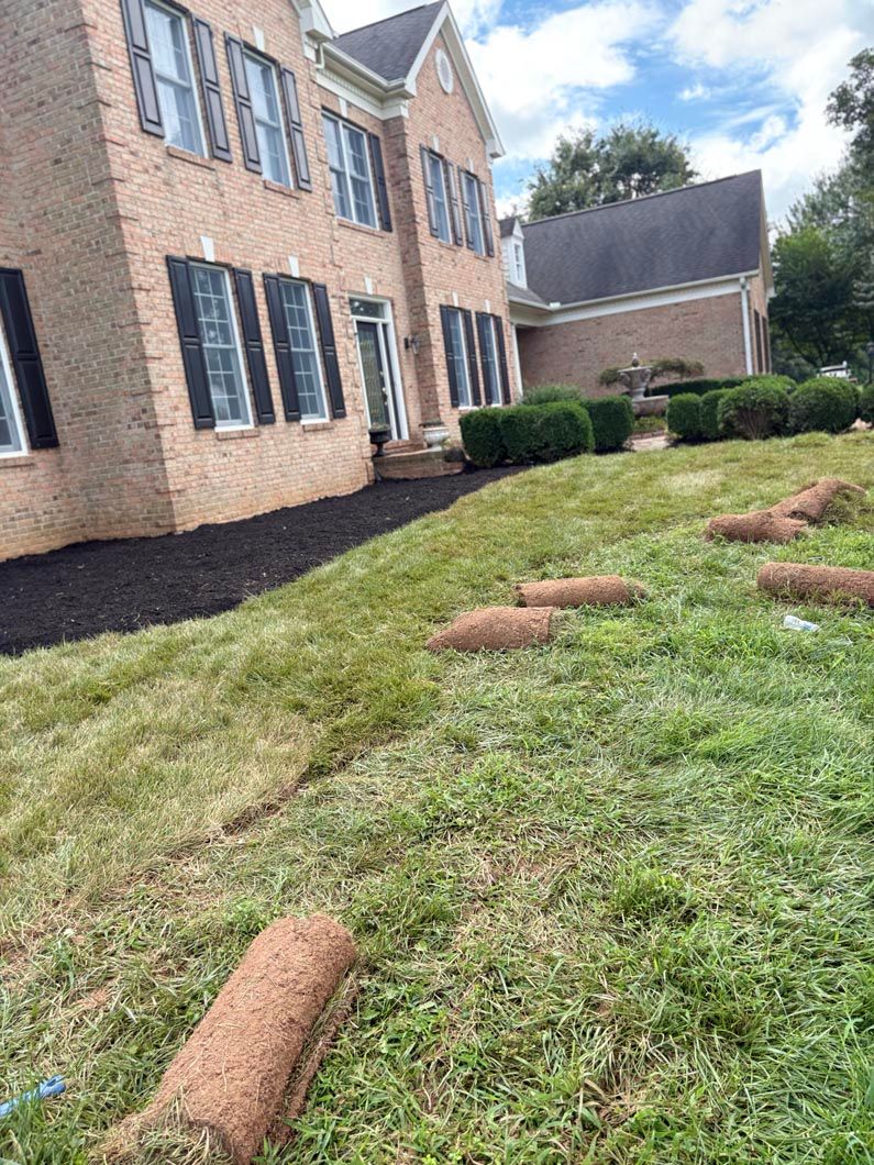 Brick townhouse exterior with sloped lawn and scattered rolled sod pieces under a cloudy sky