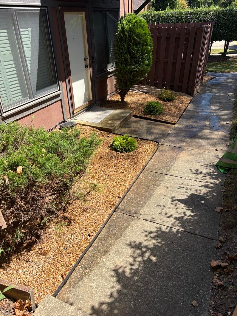 Apartment walkway beside a building, with dry landscaping, shrubs, and a concrete sidewalk.