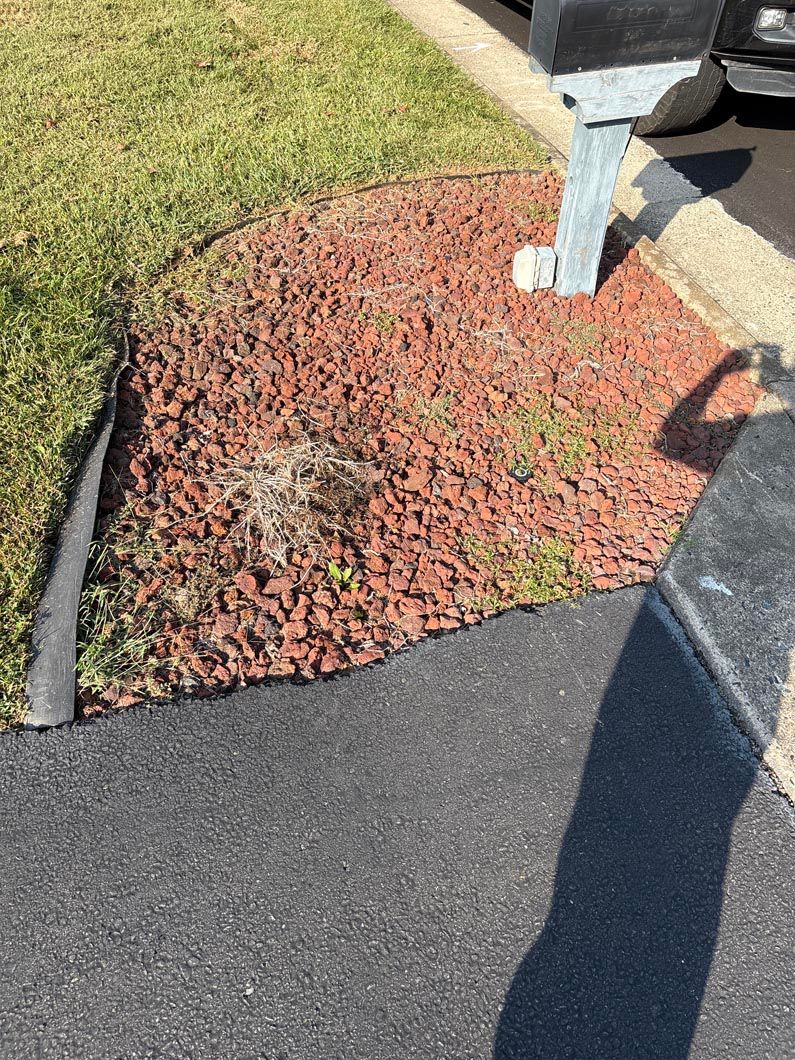 Mulch bed beside a driveway with a small shrub and a mailbox post in sunlight