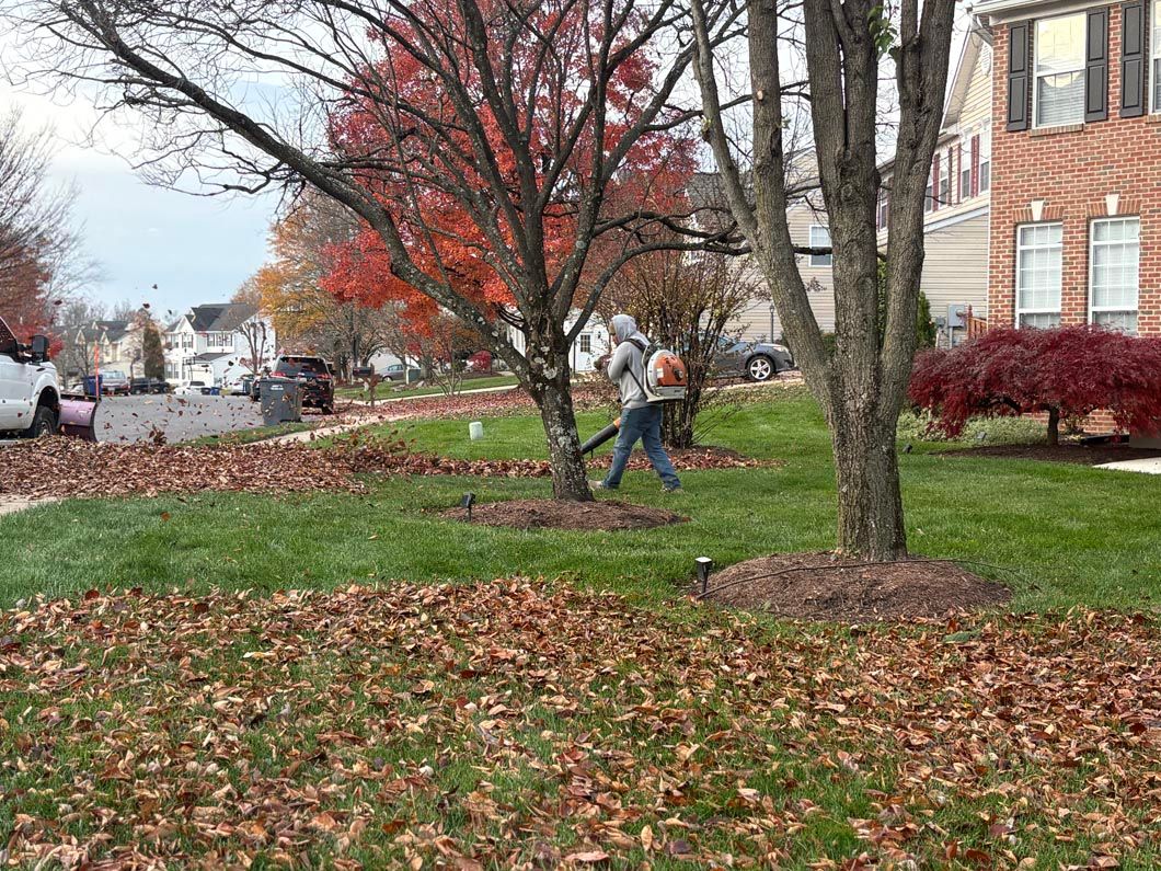 Person raking leaves on a lawn beside a brick house in autumn
