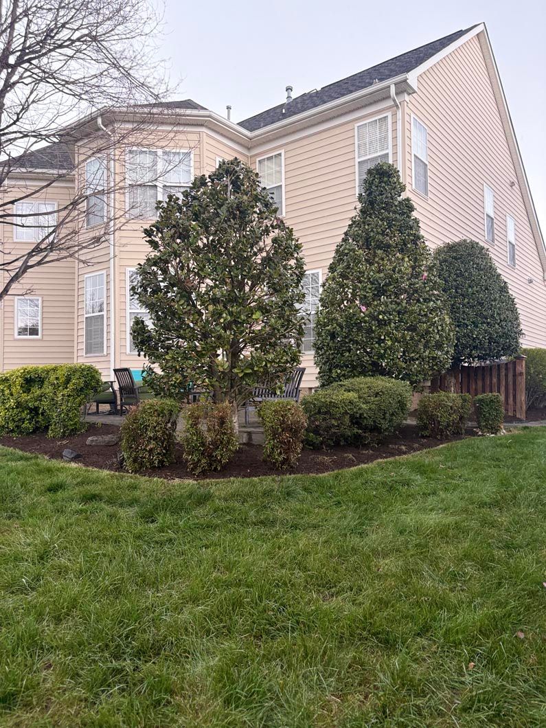 Suburban beige house with manicured shrubs and a green lawn under an overcast sky
