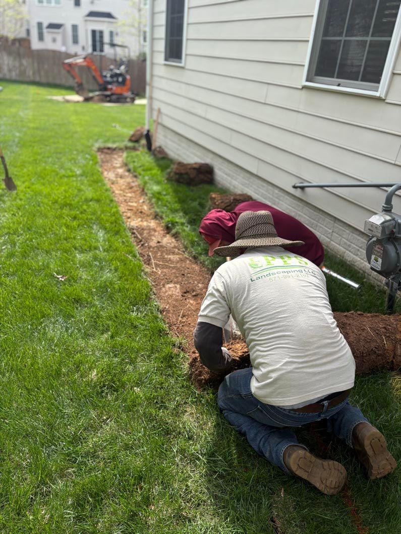 Person kneeling beside a house, planting along a narrow garden bed by the wall.