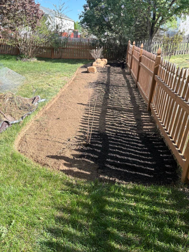 Backyard garden bed with fresh soil beside a wooden fence, bordered by grass and trees in sunlight