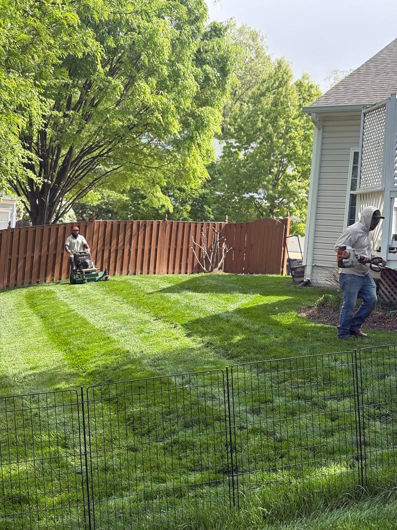 Two workers painting a house exterior beside a bright green lawn and wooden fence.