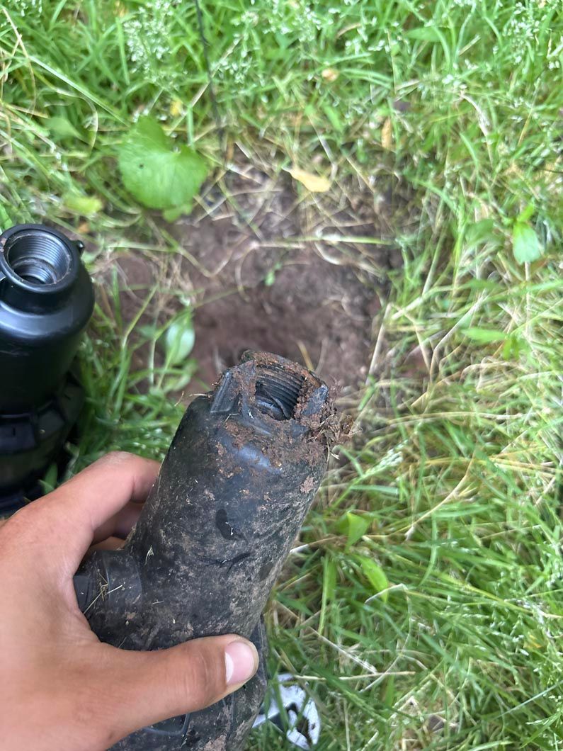 Hand holding a charred cylindrical object over grass, with a black bottle nearby and a dug patch of soil.