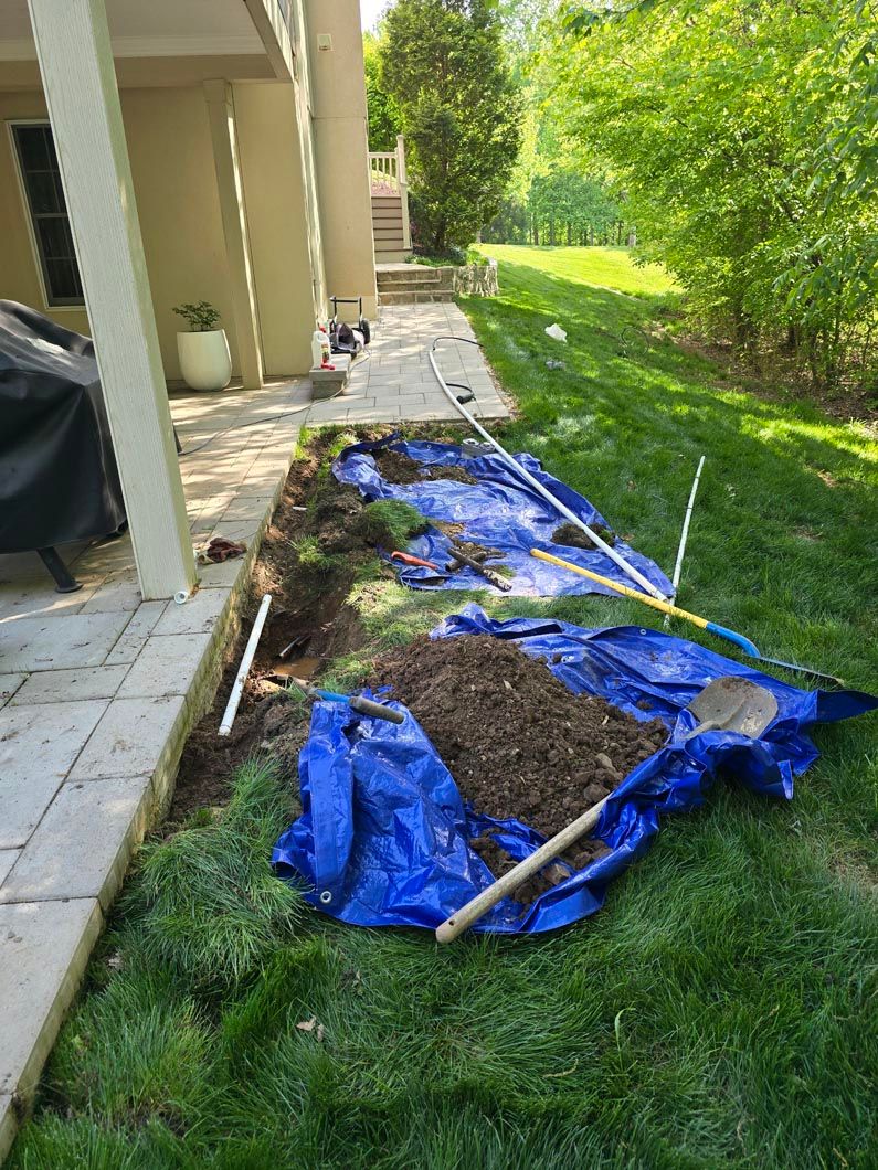 Backyard garden bed covered with blue tarp beside a house and grassy lawn