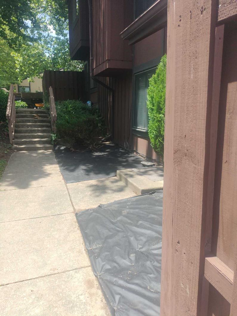 Apartment walkway with concrete steps, brown siding, trees, and a covered patio area in bright sun